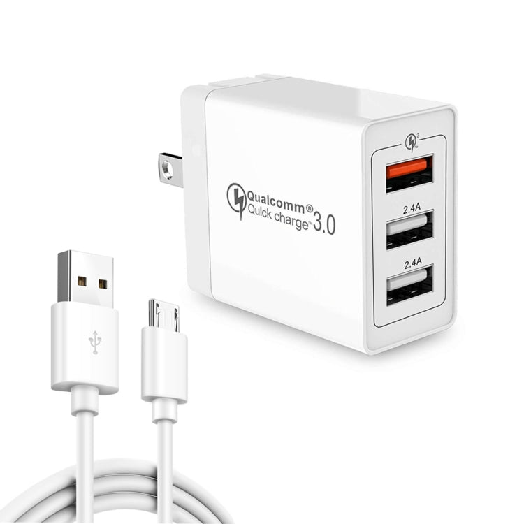 SDC-30W 2 合 1 USB 轉 Micro USB 數據線 + 30W QC 3.0 USB + 2.4A 雙 USB 2.0 埠 手機平板電腦通用快速充電器旅行充電組，美規插頭，附 Micro USB 線，美規插頭