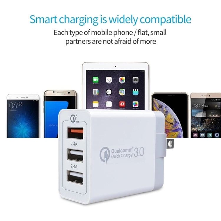 SDC-30W 2 合 1 USB 轉 Micro USB 數據線 + 30W QC 3.0 USB + 2.4A 雙 USB 2.0 埠 手機平板電腦通用快速充電器旅行充電組，美規插頭，附 Micro USB 線，美規插頭