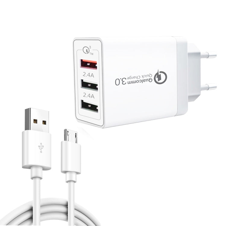SDC-30W 2 合 1 USB 轉 Micro USB 數據線 + 30W QC 3.0 USB + 2.4A 雙 USB 2.0 埠 手機平板電腦通用快速充電器旅行充電組，歐規插頭，附 Micro USB 線，歐規插頭