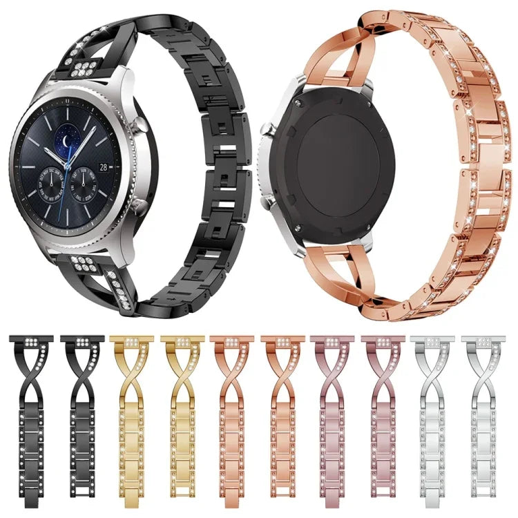 X 形鑽石鑲嵌實心不鏽鋼手腕錶帶，適用於 Samsung Gear S3
