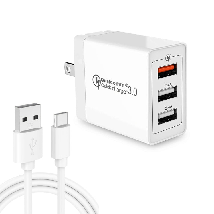 SDC-30W 2 合 1 USB 轉 USB-C / Type-C 數據線 + 30W QC 3.0 USB + 2.4A 雙 USB 2.0 埠 手機平板電腦通用快速充電器旅行充電組，美規插頭，附 USB-C / Type-C 線，美規插頭