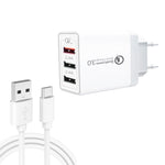 SDC-30W 2 合 1 USB 轉 USB-C / Type-C 數據線 + 30W QC 3.0 USB + 2.4A 雙 USB 2.0 埠 手機平板電腦通用快速充電器旅行充電組，歐規插頭，附 USB-C / Type-C 線，歐規插頭