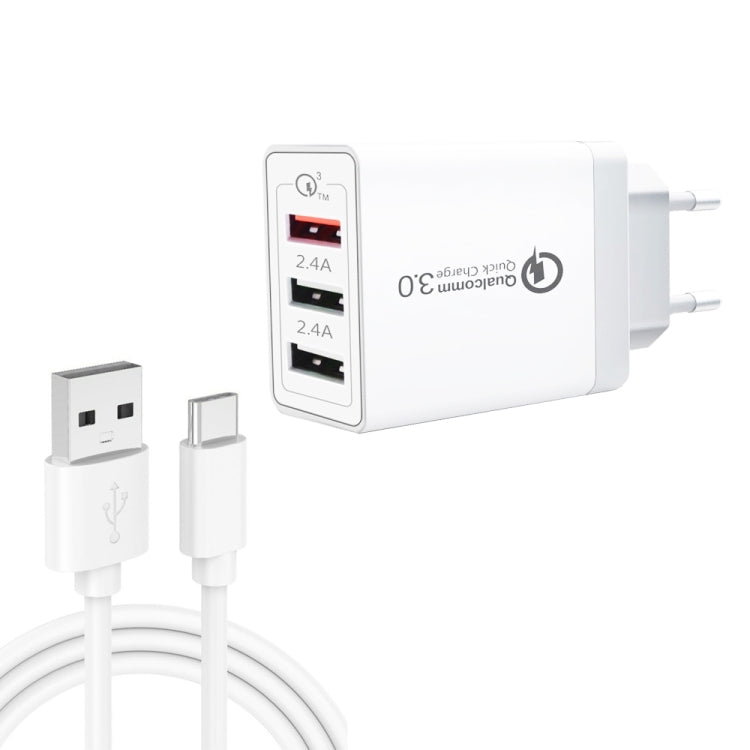 SDC-30W 2 合 1 USB 轉 USB-C / Type-C 數據線 + 30W QC 3.0 USB + 2.4A 雙 USB 2.0 埠 手機平板電腦通用快速充電器旅行充電組，歐規插頭，附 USB-C / Type-C 線，歐規插頭