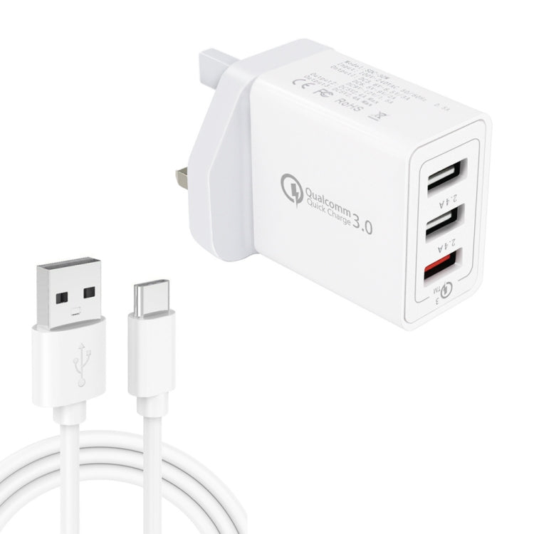 SDC-30W 2 合 1 USB 轉 USB-C / Type-C 數據線 + 30W QC 3.0 USB + 2.4A 雙 USB 2.0 埠 手機平板電腦通用快速充電器旅行充電組，英規插頭，附 USB-C / Type-C 線，英規插頭