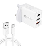 SDC-30W 2 合 1 USB 轉 USB-C / Type-C 數據線 + 30W QC 3.0 USB + 2.4A 雙 USB 2.0 埠 手機平板電腦通用快速充電器旅行充電組，英規插頭，附 USB-C / Type-C 線，英規插頭