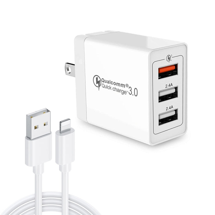 SDC-30W 2 合 1 USB 轉 8 Pin 數據線 + 30W QC 3.0 USB + 2.4A 雙 USB 2.0 埠手機平板通用快速充電旅行充電器套裝，美規插頭，含 8 Pin 線，美規插頭