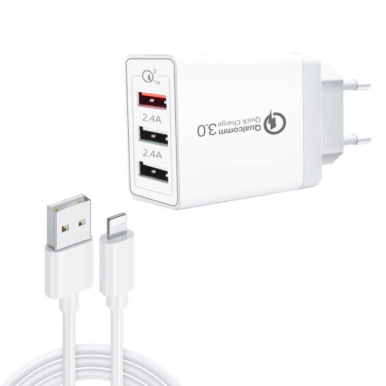 SDC-30W 2合1 USB轉8針數據線 + 30W QC 3.0 USB + 2.4A 雙USB 2.0埠手機平板電腦通用快充旅行充電組，歐盟插頭，附8針線，歐盟插頭