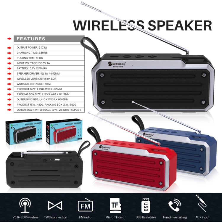 NewRixing NR4018FM TWS 便攜立體聲藍牙喇叭，支援TF卡/FM/3.5mm AUX/U盤/免提通話