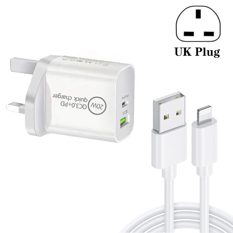 SDC-20WA+C 20W PD 3.0 + QC 3.0 USB 雙快充通用旅行充電器，附Micro USB轉8 Pin快充數據線，英規插頭，USB轉8 Pin（英規插頭）