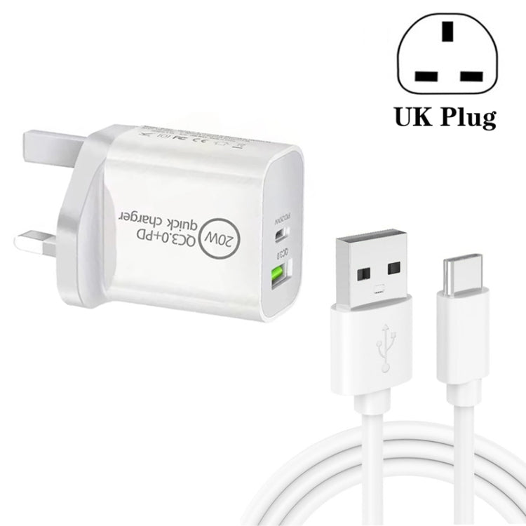 SDC-20WA+C 20W PD 3.0 + QC 3.0 USB 雙快充通用旅行充電器，附USB轉Type-C / USB-C快充數據線，英規插頭，USB轉Type-C / USB-C（英規插頭）