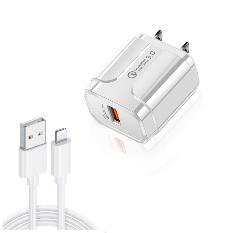 LZ-023 18W QC 3.0 USB 便攜旅行充電器 + 3A USB 轉 8 Pin 數據線，美國插頭，USB 轉 8 Pin 數據線，美國插頭，8 Pin 數據線，美國插頭