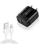 LZ-023 18W QC 3.0 USB 便攜旅行充電器 + 3A USB 轉 8 Pin 數據線，美國插頭，USB 轉 8 Pin 數據線，美國插頭，8 Pin 數據線，美國插頭