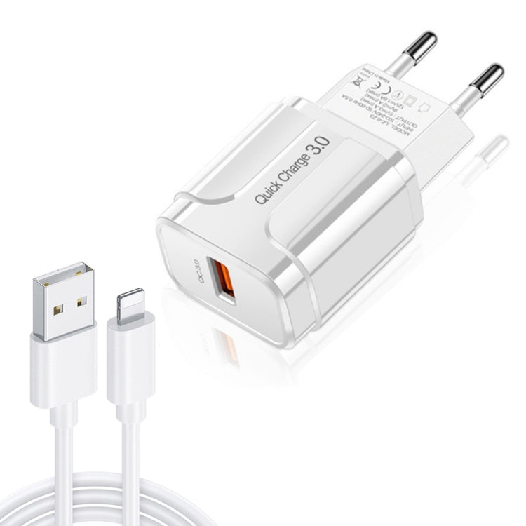 LZ-023 18W QC 3.0 USB 便攜旅行充電器 + 3A USB 轉 8 Pin 數據線，歐盟插頭，8 Pin 數據線，歐盟插頭
