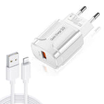 LZ-023 18W QC 3.0 USB 便攜旅行充電器 + 3A USB 轉 8 Pin 數據線，歐盟插頭，8 Pin 數據線，歐盟插頭