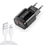 LZ-023 18W QC 3.0 USB 便攜旅行充電器 + 3A USB 轉 8 Pin 數據線，歐盟插頭，8 Pin 數據線，歐盟插頭