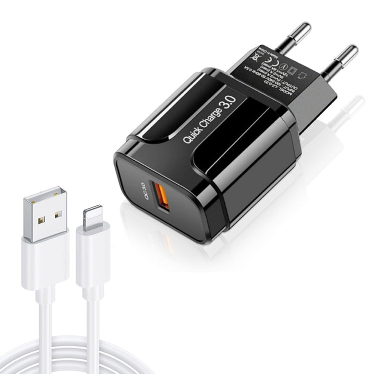 LZ-023 18W QC 3.0 USB 便攜旅行充電器 + 3A USB 轉 8 Pin 數據線，歐盟插頭，8 Pin 數據線，歐盟插頭