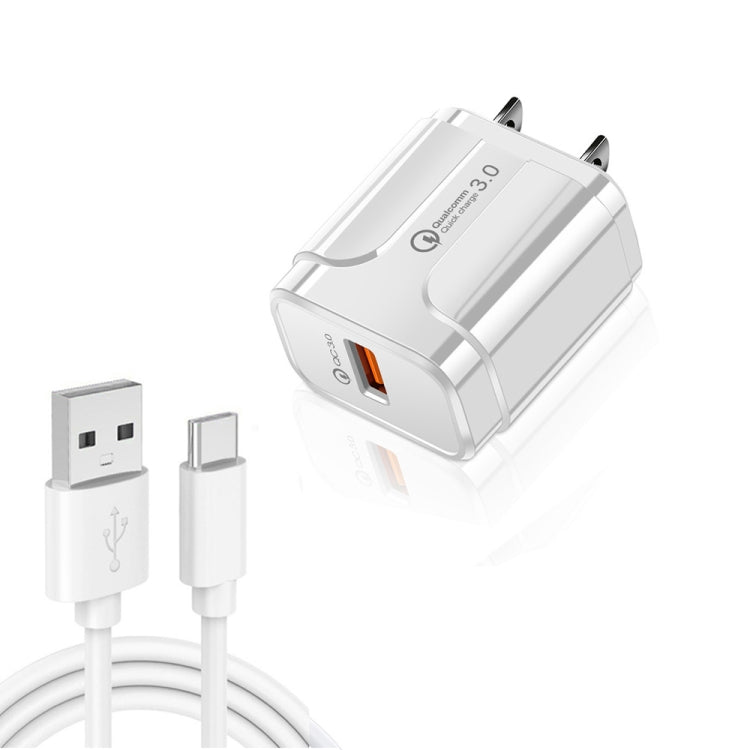 LZ-023 18W QC3.0 USB便攜旅行充電器 + 3A USB轉Type-C數據線，美規插頭，Type-C數據線，美規插頭