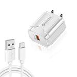 LZ-023 18W QC3.0 USB便攜旅行充電器 + 3A USB轉Type-C數據線，美規插頭，Type-C數據線，美規插頭