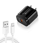 LZ-023 18W QC3.0 USB便攜旅行充電器 + 3A USB轉Type-C數據線，美規插頭，Type-C數據線，美規插頭
