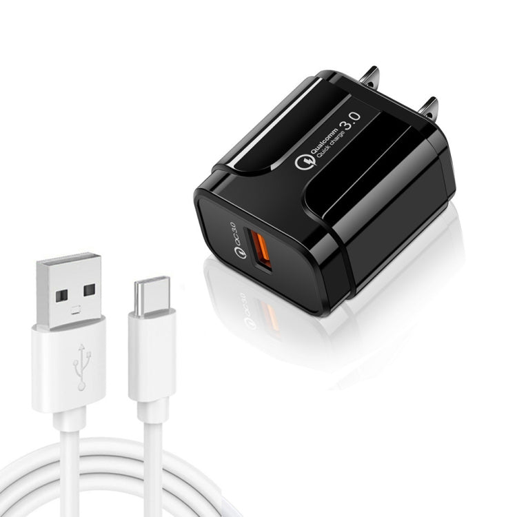 LZ-023 18W QC3.0 USB便攜旅行充電器 + 3A USB轉Type-C數據線，美規插頭，Type-C數據線，美規插頭