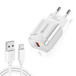 LZ-023 18W QC 3.0 USB便攜旅行充電器 + 3A USB轉Type-C數據線，歐規插頭，Type-C數據線，歐規插頭