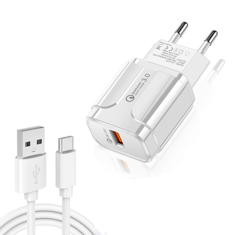 LZ-023 18W QC 3.0 USB便攜旅行充電器 + 3A USB轉Type-C數據線，歐規插頭，Type-C數據線，歐規插頭