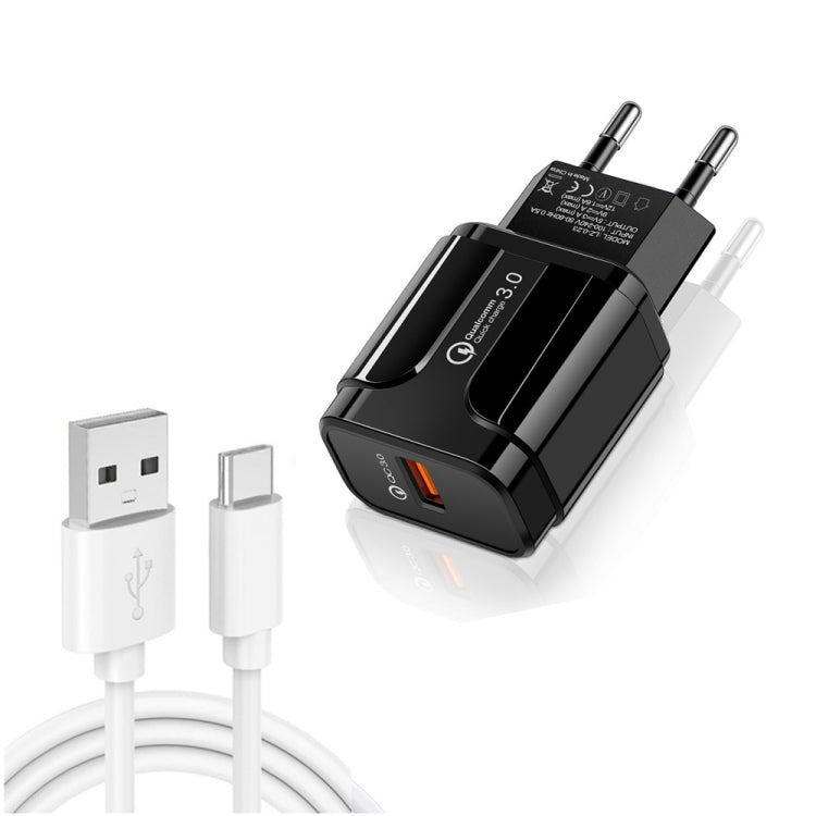 LZ-023 18W QC 3.0 USB便攜旅行充電器 + 3A USB轉Type-C數據線，歐規插頭，Type-C數據線，歐規插頭