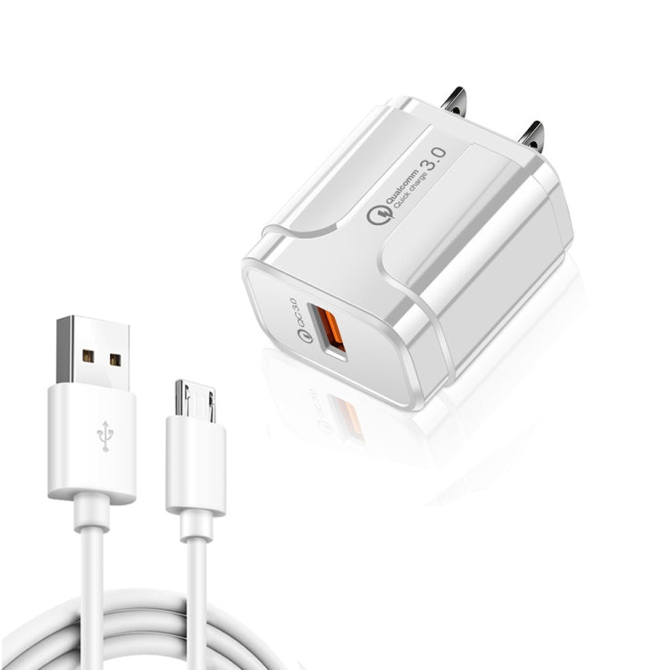 LZ-023 18W QC 3.0 USB便攜旅行充電器 + 3A USB轉Micro USB數據線，美規插頭，Micro USB數據線，美規插頭