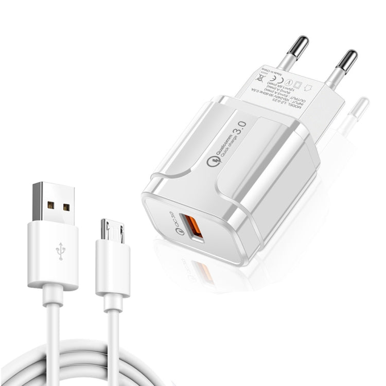 LZ-023 18W QC 3.0 USB便攜旅行充電器 + 3A USB轉Micro USB數據線，歐規插頭，Micro USB數據線，歐規插頭