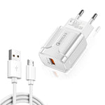 LZ-023 18W QC 3.0 USB便攜旅行充電器 + 3A USB轉Micro USB數據線，歐規插頭，Micro USB數據線，歐規插頭
