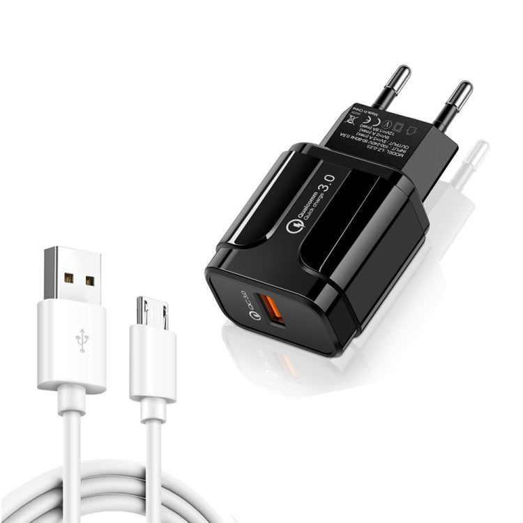 LZ-023 18W QC 3.0 USB便攜旅行充電器 + 3A USB轉Micro USB數據線，歐規插頭，Micro USB數據線，歐規插頭