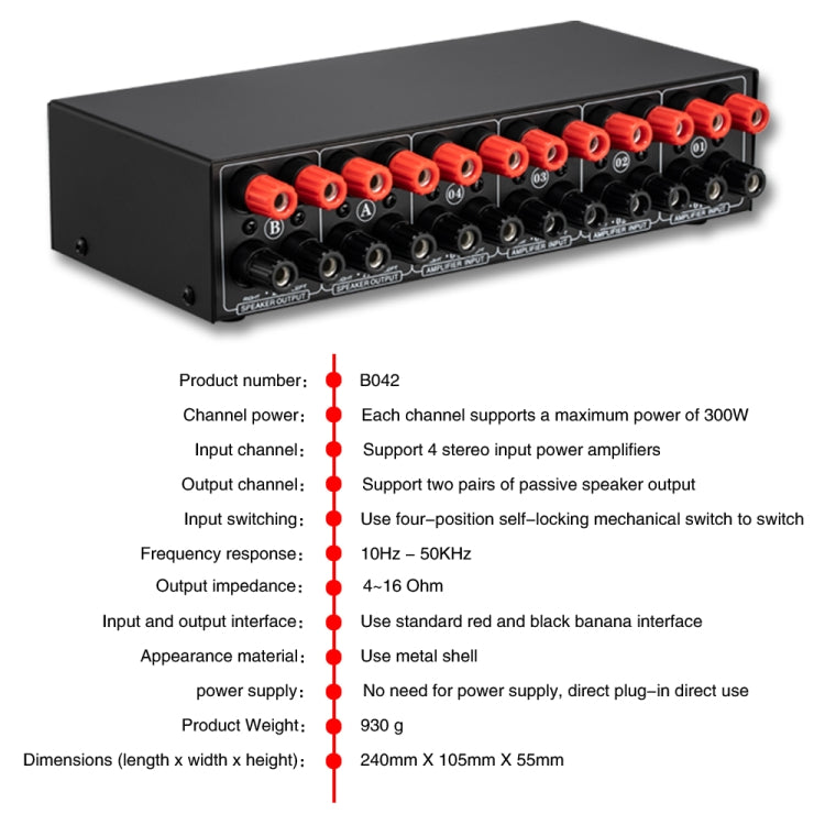 B042 4 進 2 出功率放大音響切換器揚聲器切換分配器，每通道 300W 無損音質，B042