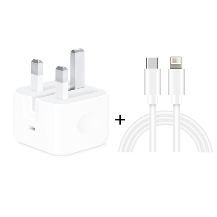 A2344 20W PD 3.0 Type-C / USB-C 折疊旅行充電器 + USB-C / Type-C轉8針快速充電數據線組，英國插頭，長度：2米，20W 8針長度：2米