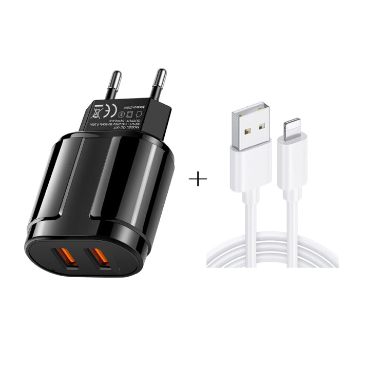 雙 USB 便攜旅行充電器 + 1 米 USB 轉 8 Pin 數據線，歐盟插頭
