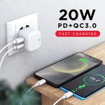 YSY-6087PD 20W PD3.0 + QC3.0 雙快充旅行充電器，附 USB 轉 Type-C 數據線，歐規插頭、美規插頭、英規插頭