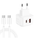 YSY-6087PD 20W PD3.0 + QC3.0 雙快充旅行充電器，附 Type-C 轉 Type-C 數據線，歐規插頭、美規插頭、英規插頭