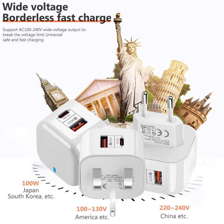 YSY-6087PD 20W PD3.0 + QC3.0 雙快充旅行充電器，附 Type-C 轉 Type-C 數據線，歐規插頭、美規插頭、英規插頭
