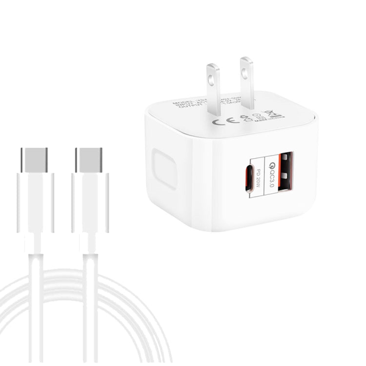 YSY-6087PD 20W PD3.0 + QC3.0 雙快充旅行充電器，附 Type-C 轉 Type-C 數據線，歐規插頭、美規插頭、英規插頭