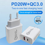 雙快速充電20W PD3.0+QC 3.0介面旅行充電器，適用iPhone、華為、三星、小米，歐規插頭，美規插頭，澳規插頭