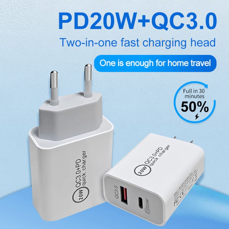 20W PD Type-C + QC 3.0 USB介面快速充電旅行充電器，附USB轉Type-C快速充電數據線，歐規插頭，美規插頭，澳規插頭