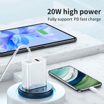 20W PD Type-C + QC 3.0 USB介面快速充電旅行充電器，附USB轉Type-C快速充電數據線，歐規插頭，美規插頭，澳規插頭