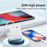 20W PD Type-C + QC 3.0 USB Interface Fast Charging Travel Charger with USB to 8 Pin Fast Charge Data Cable, EU Plug, US Plug, AU Plug
