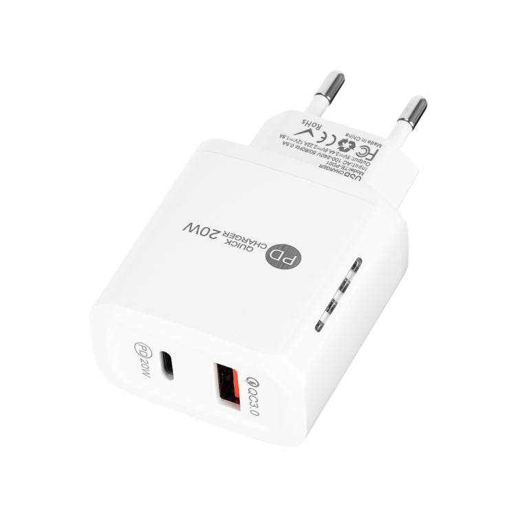 TE-PD01 PD 20W + QC3.0 USB 雙埠快速充電器，帶指示燈，歐盟插頭，歐盟插頭