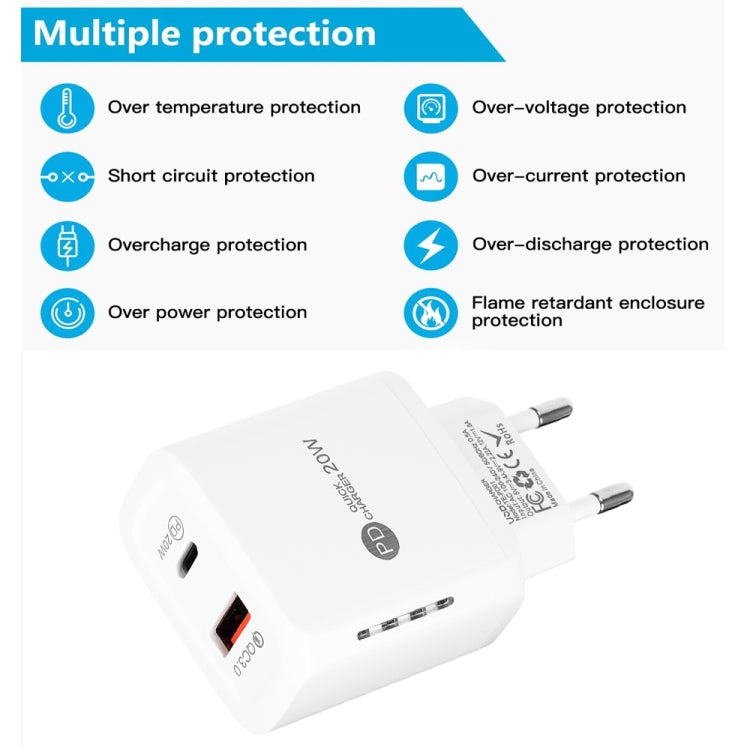 TE-PD01 PD 20W + QC3.0 USB 雙埠快速充電器，帶指示燈，歐盟插頭，歐盟插頭
