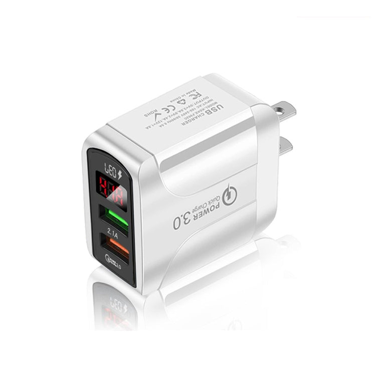 F002C QC3.0 USB + USB 2.0 快充充電器，帶 LED 數字顯示，適用手機和平板，美規插頭，美規插頭