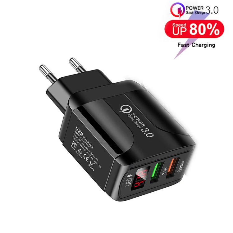 F002C QC3.0 USB + USB 2.0 快充充電器，帶 LED 數字顯示，適用手機和平板，歐規插頭，歐規插頭