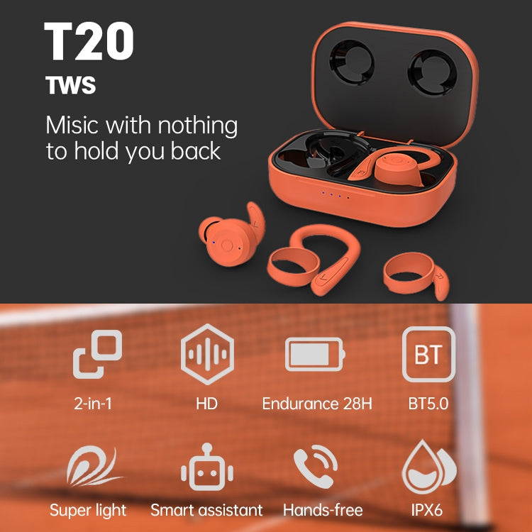 T20 TWS 藍牙掛耳式無線運動耳機附充電盒，IPX6 防水降噪耳機