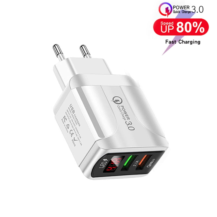 F002C QC3.0 USB + USB 2.0 LED 數字顯示快充充電器，附 USB 轉 Type-C 數據線，歐規插頭，歐規插頭 + Type-C 線