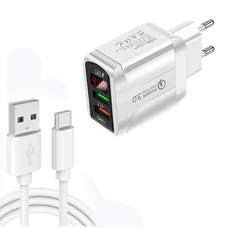 F002C QC3.0 USB + USB 2.0 LED 數字顯示快充充電器，附 USB 轉 Type-C 數據線，歐規插頭，歐規插頭 + Type-C 線