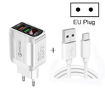 F002C QC3.0 USB + USB 2.0 LED 數字顯示快充充電器，附 USB 轉 Type-C 數據線，歐規插頭，歐規插頭 + Type-C 線